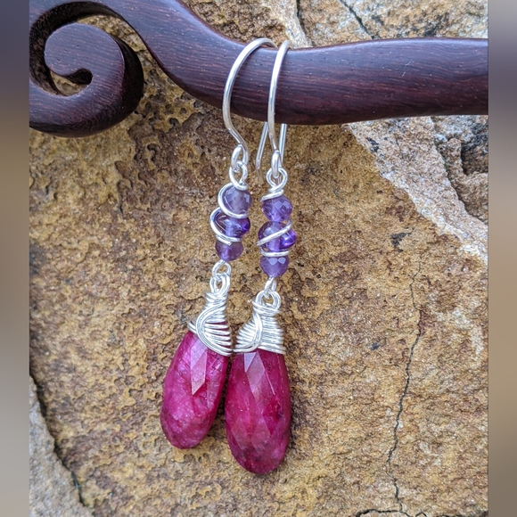 Artisan Ruby Earrings Sterling Silver With Amethyst Gemstones - Picture 9 of 12